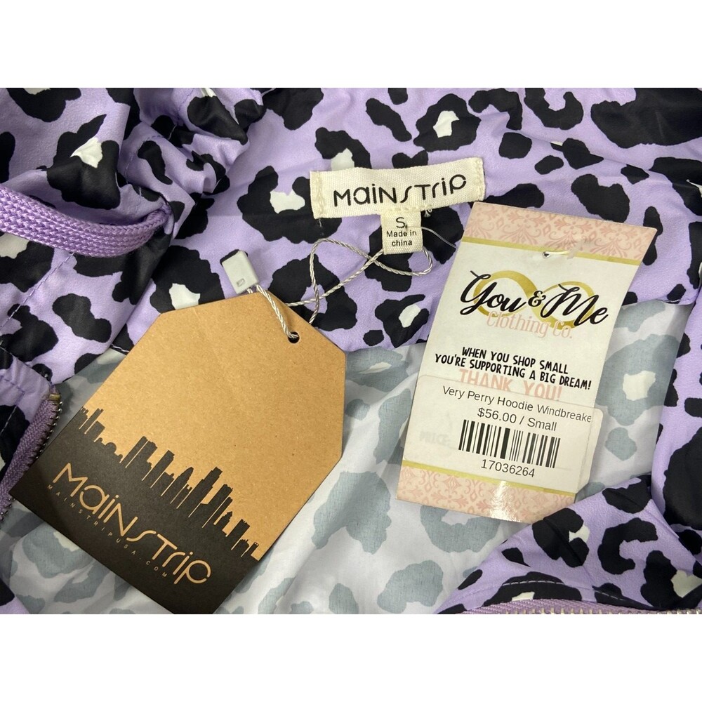 Main Strip Women Small Windbreaker Purple Leopard Print Packable Hooded NWT - Picture 6 of 9